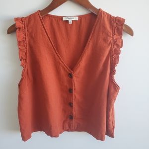Madewell Women's Size 12 Red Sleeveless Linen Blend Cropped Tank Top Ruffles